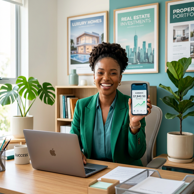 Happy African woman earning through affiliate marketing